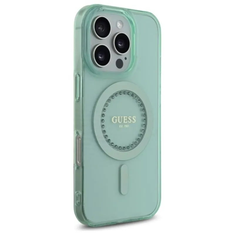 Guess IML Rhinestones MagSafe – dėklas iPhone 16 Pro Max (žalias)