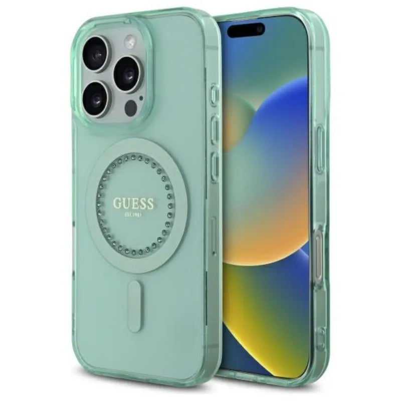 Guess IML Rhinestones MagSafe – dėklas iPhone 16 Pro Max (žalias)