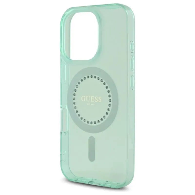 Guess IML Rhinestones MagSafe – dėklas iPhone 16 Pro Max (žalias)