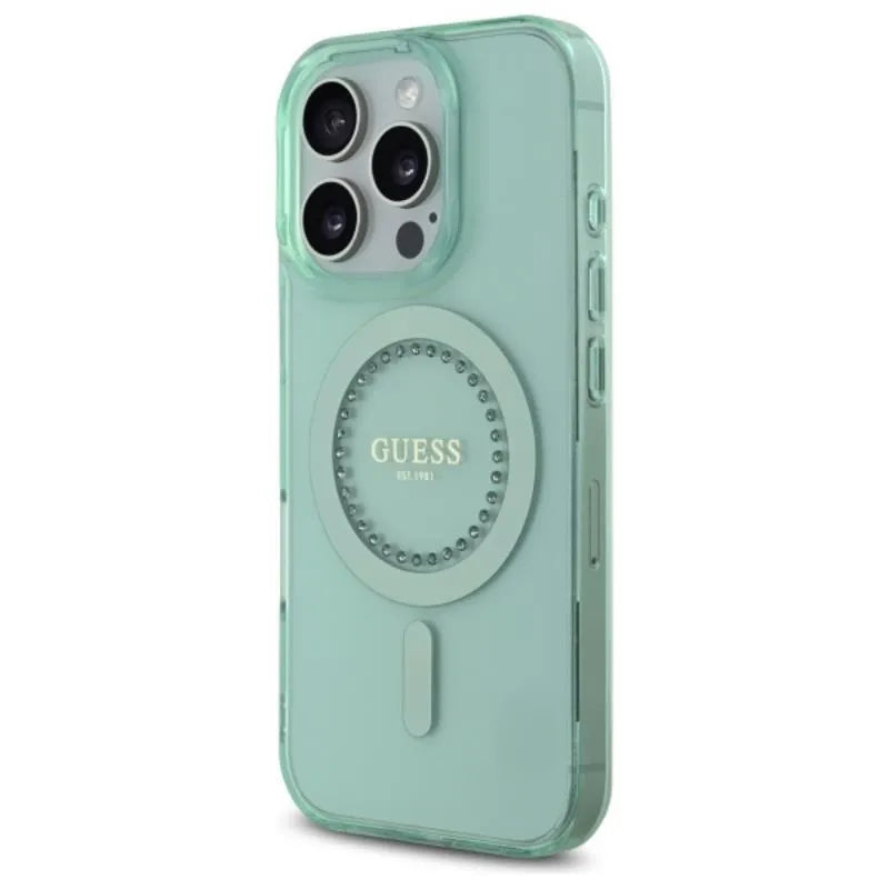 Guess IML Rhinestones MagSafe – dėklas iPhone 16 Pro Max (žalias)