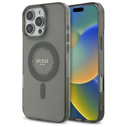 Guess IML Rhinestones MagSafe – dėklas skirtas iPhone 16 Pro Max (juodas)