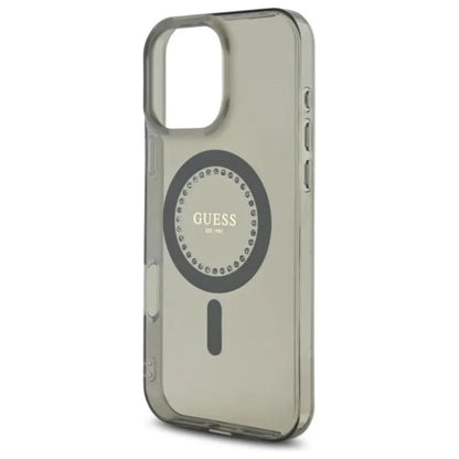 Guess IML Rhinestones MagSafe – dėklas skirtas iPhone 16 Pro Max (juodas)