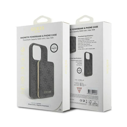 Guess komplektas „MagSafe 4G Metal Gold Logo“ – dėklas + išorinė baterija 5000 mAh MagSafe iPhone 14 Pro (juodas)