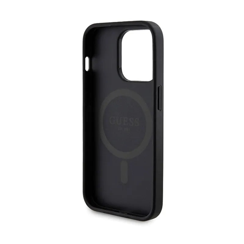 Guess komplektas „MagSafe 4G Metal Gold Logo“ – dėklas + išorinė baterija 5000 mAh MagSafe iPhone 14 Pro (juodas)