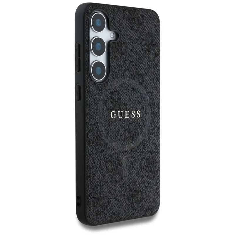 Guess Leather 4G Colored Ring Classic Logo MagSafe – dėklas Samsung Galaxy S25+ (juoda)