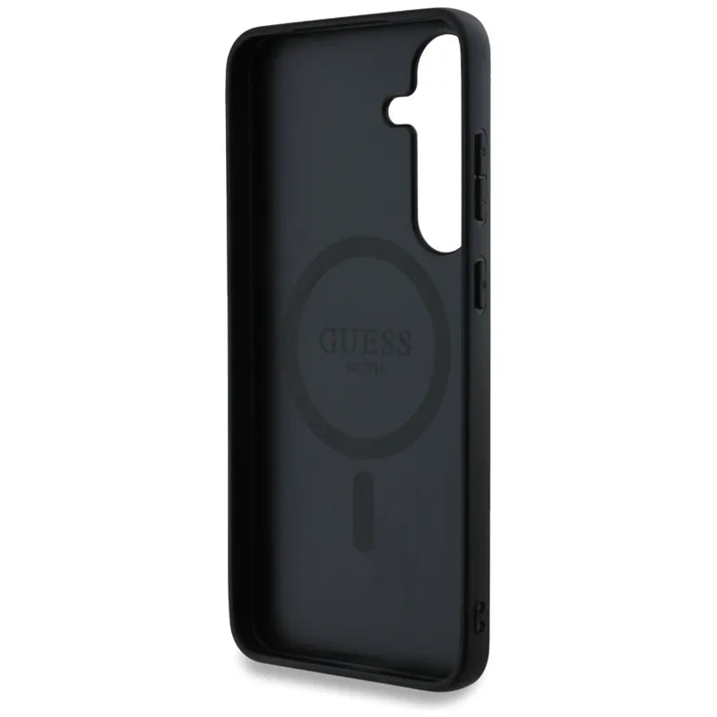 Guess Leather 4G Colored Ring Classic Logo MagSafe – dėklas Samsung Galaxy S25+ (juoda)