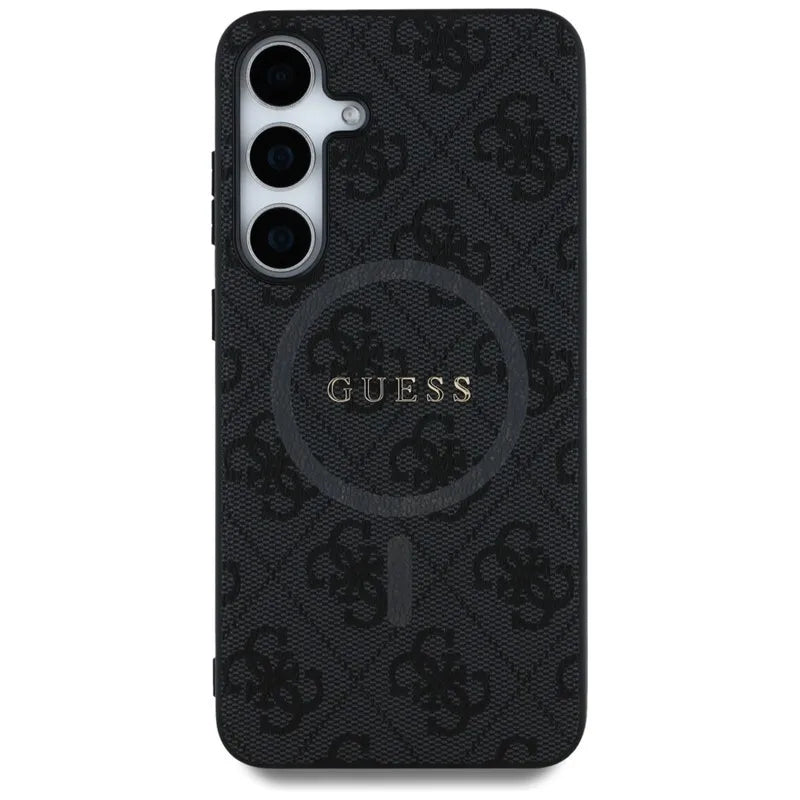 Guess Leather 4G Colored Ring Classic Logo MagSafe – dėklas Samsung Galaxy S25+ (juoda)