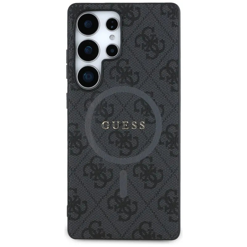 Guess Leather 4G spalvotas žiedas su klasikiniu logotipu MagSafe - dėklas, skirtas Samsung Galaxy S25 Ultra (juodas)