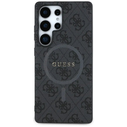Guess Leather 4G spalvotas žiedas su klasikiniu logotipu MagSafe - dėklas, skirtas Samsung Galaxy S25 Ultra (juodas)