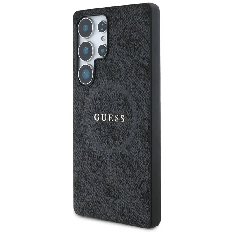 Guess Leather 4G spalvotas žiedas su klasikiniu logotipu MagSafe - dėklas, skirtas Samsung Galaxy S25 Ultra (juodas)