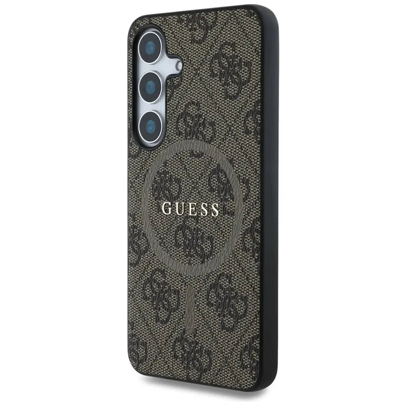 Guess Leather 4G spalvoto žiedo klasikinio logotipo MagSafe – dėklas skirtas Samsung Galaxy S25 (rudas)