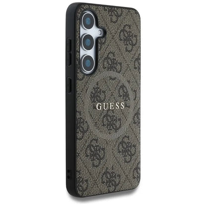 Guess Leather 4G spalvoto žiedo klasikinio logotipo MagSafe – dėklas skirtas Samsung Galaxy S25 (rudas)