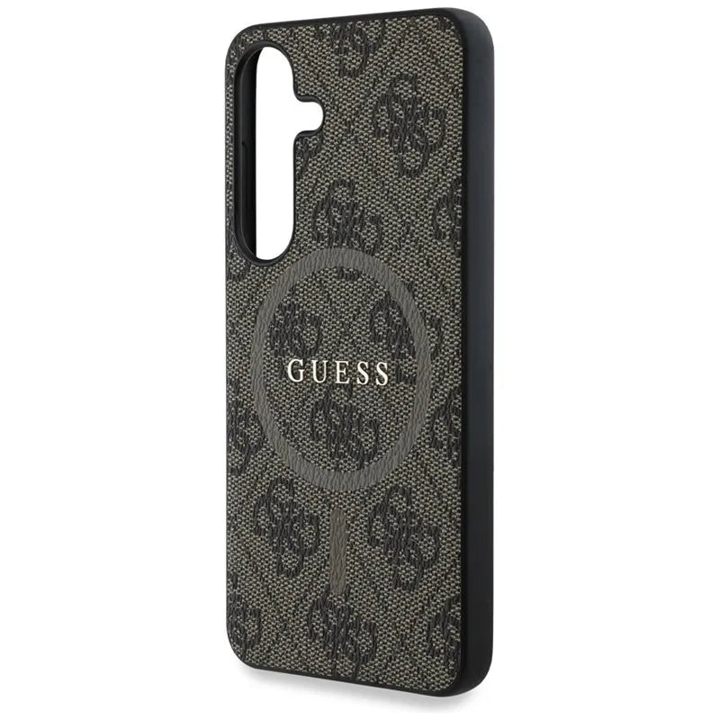 Guess Leather 4G spalvoto žiedo klasikinio logotipo MagSafe – dėklas skirtas Samsung Galaxy S25 (rudas)
