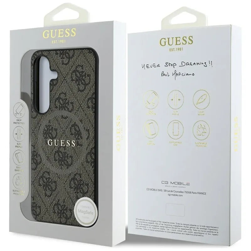 Guess Leather 4G spalvoto žiedo klasikinio logotipo MagSafe – dėklas skirtas Samsung Galaxy S25 (rudas)