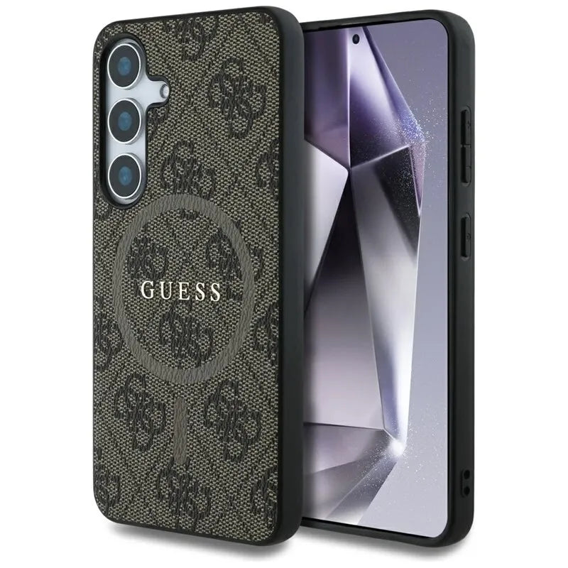Guess Leather 4G spalvoto žiedo klasikinio logotipo MagSafe – dėklas skirtas Samsung Galaxy S25 (rudas)