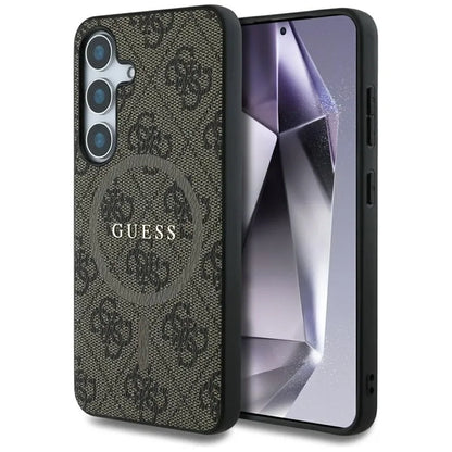 Guess Leather 4G spalvoto žiedo klasikinio logotipo MagSafe – dėklas skirtas Samsung Galaxy S25 (rudas)