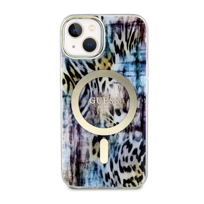 Guess Leopard MagSafe – dėklas iPhone 14 (mėlyna)
