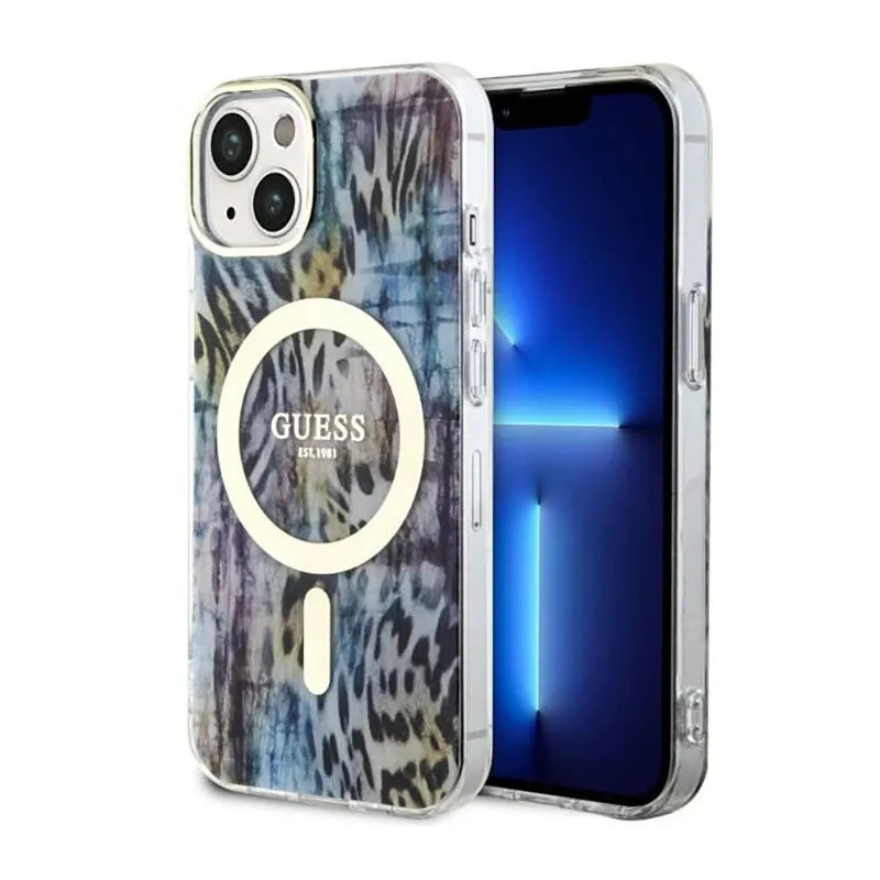 Guess Leopard MagSafe – dėklas iPhone 14 (mėlyna)