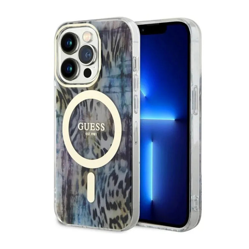 Guess Leopard MagSafe – dėklas, skirtas iPhone 14 Pro (mėlynas)