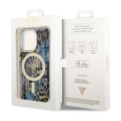 Guess Leopard MagSafe – dėklas, skirtas iPhone 14 Pro (mėlynas)