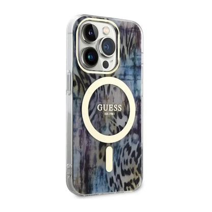 Guess Leopard MagSafe – dėklas, skirtas iPhone 14 Pro (mėlynas)