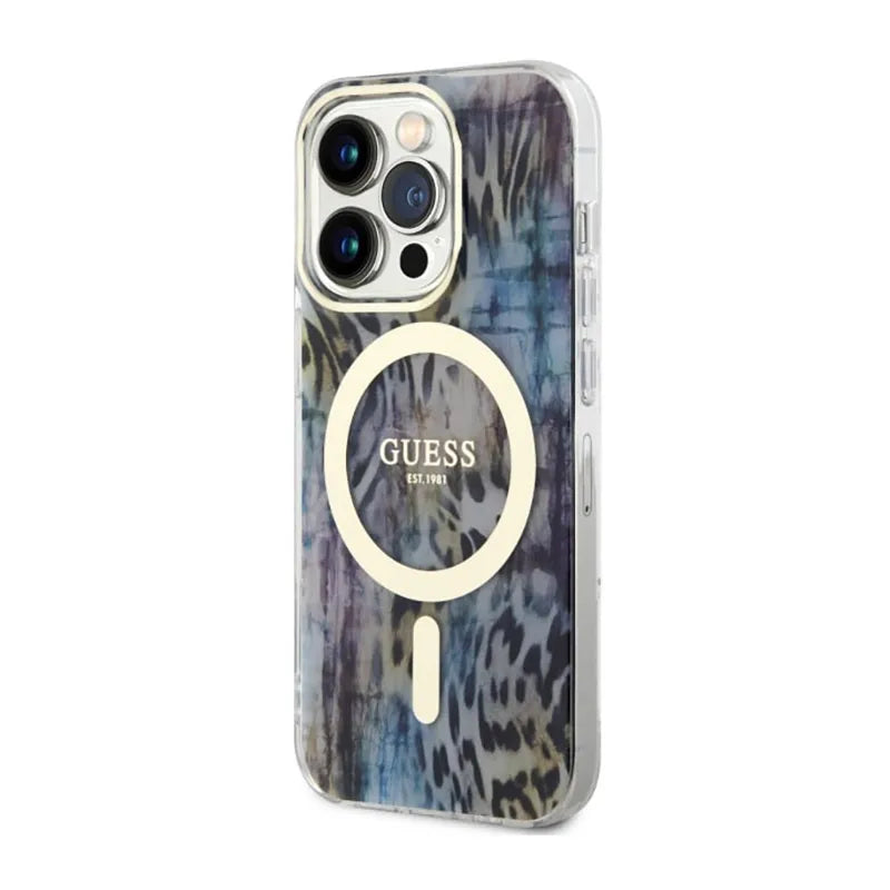 Guess Leopard MagSafe – dėklas, skirtas iPhone 14 Pro (mėlynas)