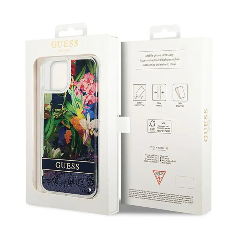 Guess Liquid Glitter Flower - "iPhone 14 Plus" dėklas (mėlyna)