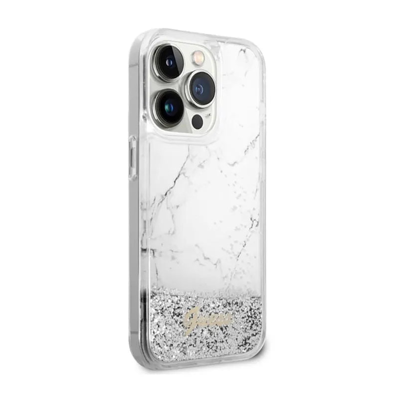 Guess Liquid Glitter Marble – dėklas, skirtas iPhone 14 Pro (baltas)