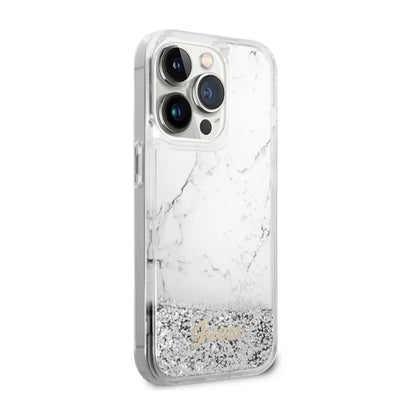 Guess Liquid Glitter Marble – dėklas, skirtas iPhone 14 Pro (baltas)