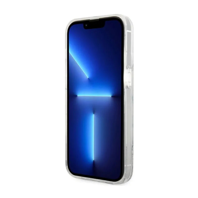 Guess Liquid Glitter Marble – Dėklas, skirtas iPhone 14 Pro Max (baltas)