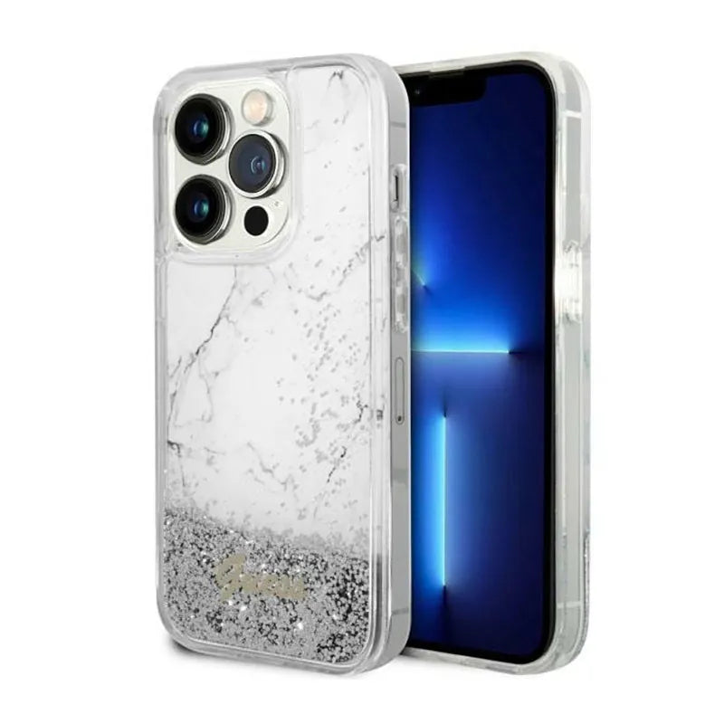 Guess Liquid Glitter Marble – Dėklas, skirtas iPhone 14 Pro Max (baltas)
