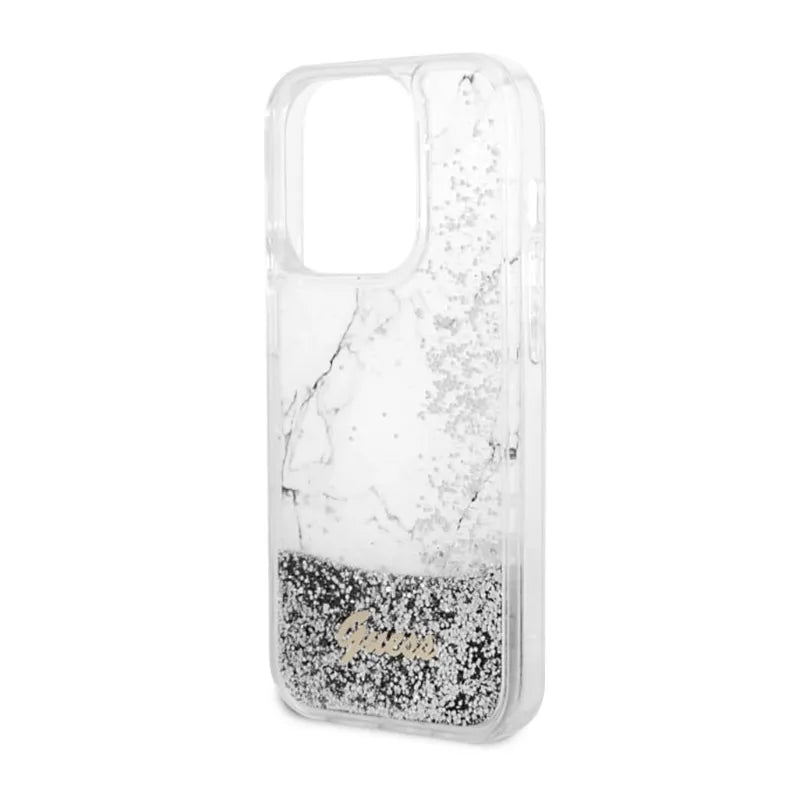 Guess Liquid Glitter Marble – Dėklas, skirtas iPhone 14 Pro Max (baltas)