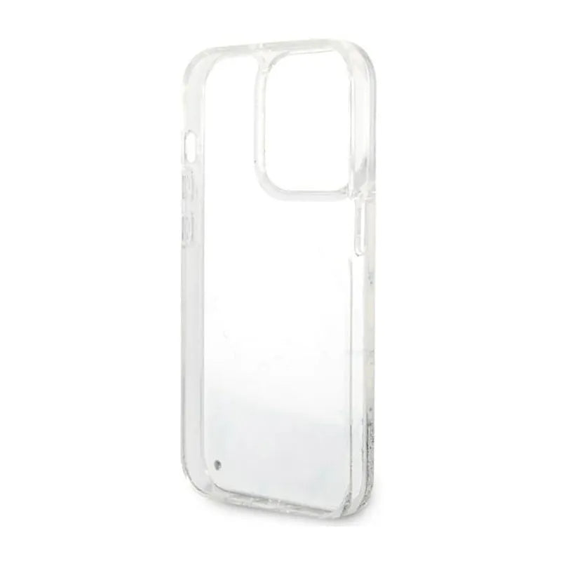 Guess Liquid Glitter Marble – Dėklas, skirtas iPhone 14 Pro Max (baltas)
