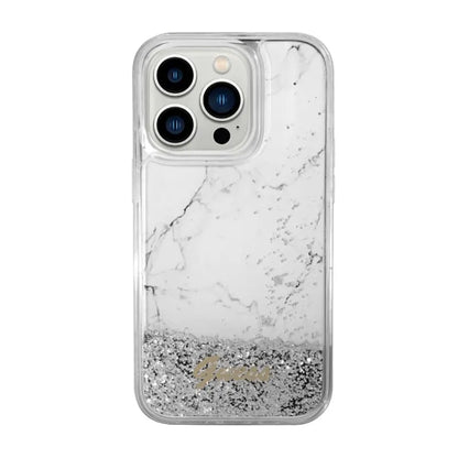 Guess Liquid Glitter Marble – Dėklas, skirtas iPhone 14 Pro Max (baltas)