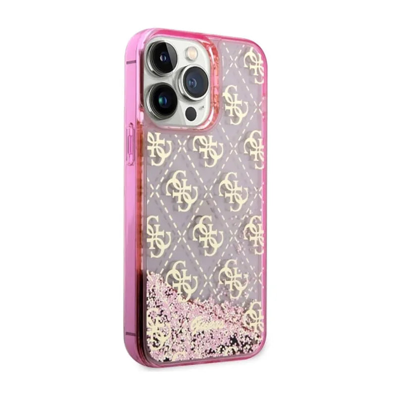 Guess Liquid Glitter Transculent 4G – iPhone 14 Pro Max dėklas (rožinis)