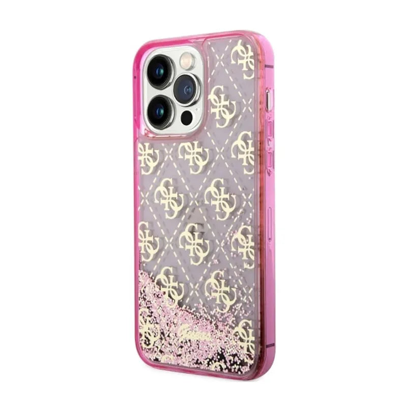 Guess Liquid Glitter Transculent 4G – iPhone 14 Pro Max dėklas (rožinis)
