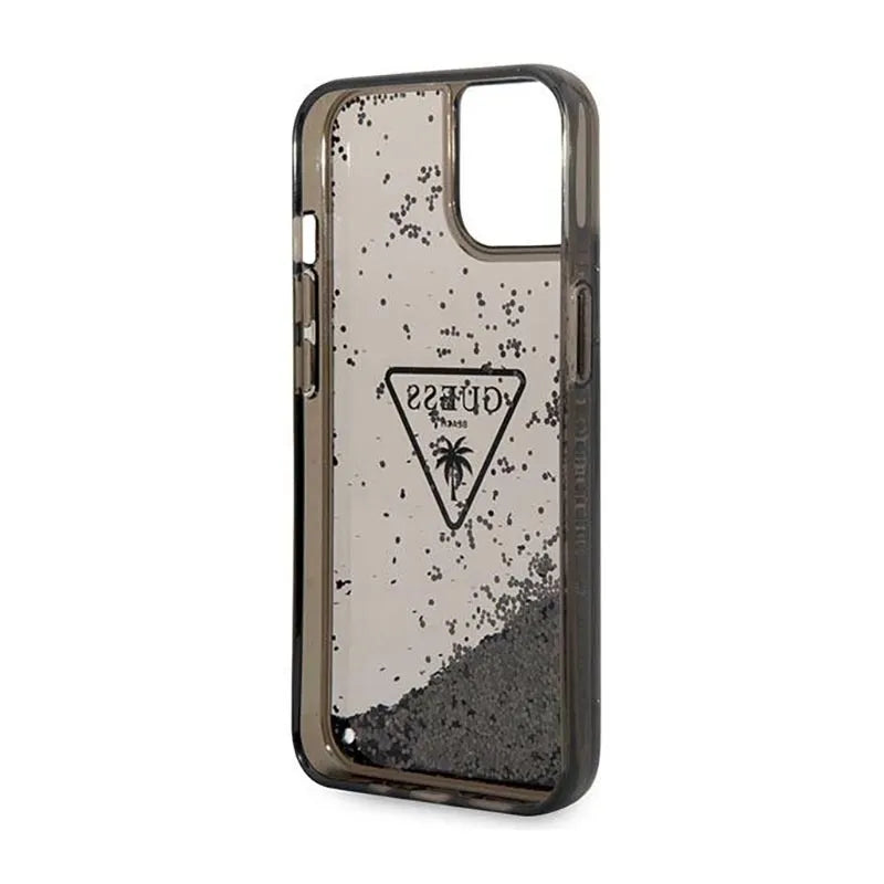 Guess Liquid Glitter Triangle Logo dėklas – dėklas, skirtas iPhone 14 Plus (juodas)