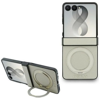Guess Magnetic Ring Stand Grained Classic Logo MagSafe – dėklas Samsung Galaxy Z Flip 8 (smėlio spalvos)