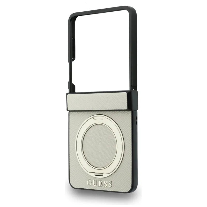Guess Magnetic Ring Stand Grained Classic Logo MagSafe – dėklas Samsung Galaxy Z Flip 8 (smėlio spalvos)