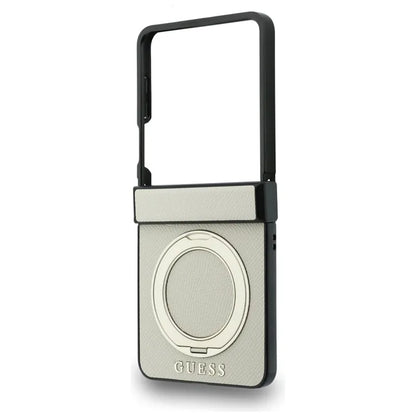 Guess Magnetic Ring Stand Grained Classic Logo MagSafe – dėklas Samsung Galaxy Z Flip 8 (smėlio spalvos)