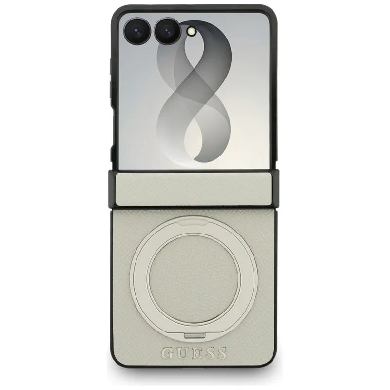 Guess Magnetic Ring Stand Grained Classic Logo MagSafe – dėklas Samsung Galaxy Z Flip 8 (smėlio spalvos)
