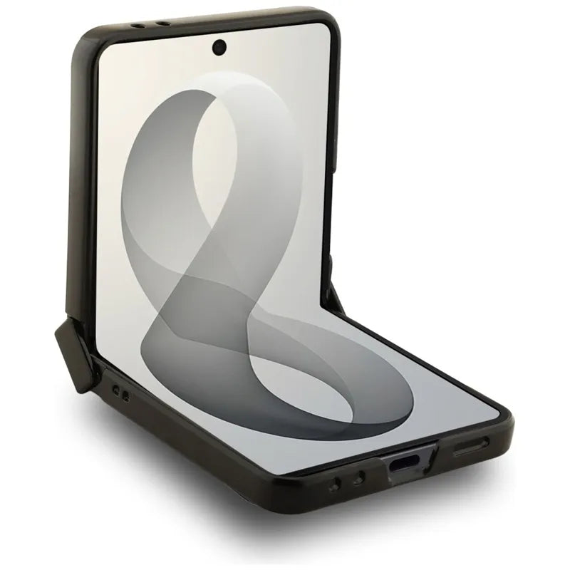 Guess Magnetic Ring Stand Grained Classic Logo MagSafe – dėklas Samsung Galaxy Z Flip 8 (smėlio spalvos)