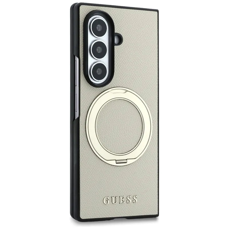 Guess Magnetic Ring Stand Grained Classic Logo MagSafe – dėklas Samsung Galaxy Z Fold 8 Ultra (smėlio spalvos)