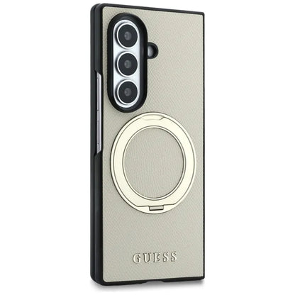 Guess Magnetic Ring Stand Grained Classic Logo MagSafe – dėklas Samsung Galaxy Z Fold 8 Ultra (smėlio spalvos)
