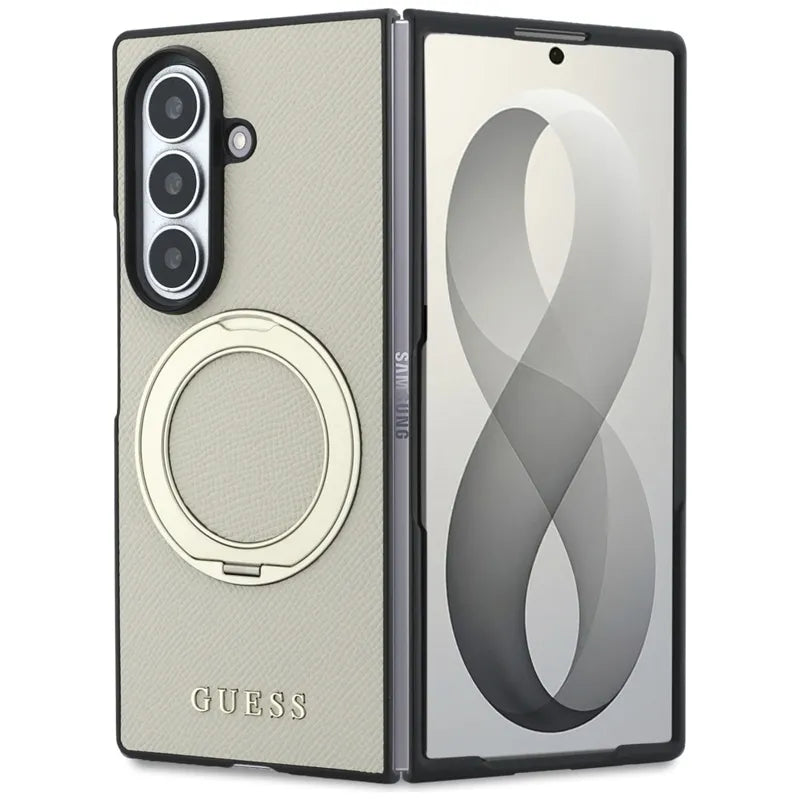 Guess Magnetic Ring Stand Grained Classic Logo MagSafe – dėklas Samsung Galaxy Z Fold 8 Ultra (smėlio spalvos)