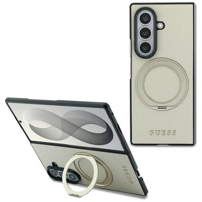 Guess Magnetic Ring Stand Grained Classic Logo MagSafe – dėklas Samsung Galaxy Z Fold 8 Ultra (smėlio spalvos)