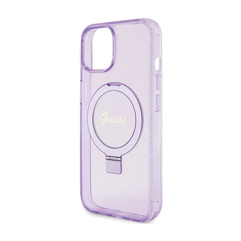 Guess MagSafe dėklas iPhone 15 Plus su žiediniu stovu, blizgučiais ir užrašu (violetinis)