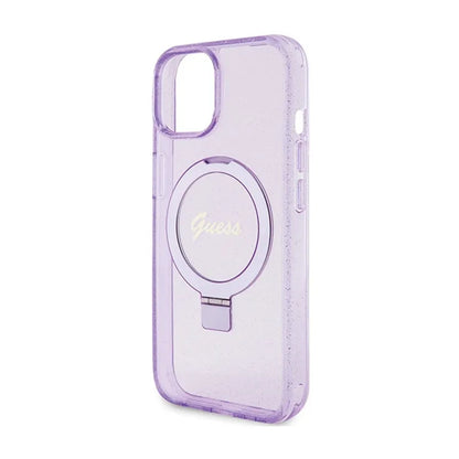 Guess MagSafe dėklas iPhone 15 Plus su žiediniu stovu, blizgučiais ir užrašu (violetinis)
