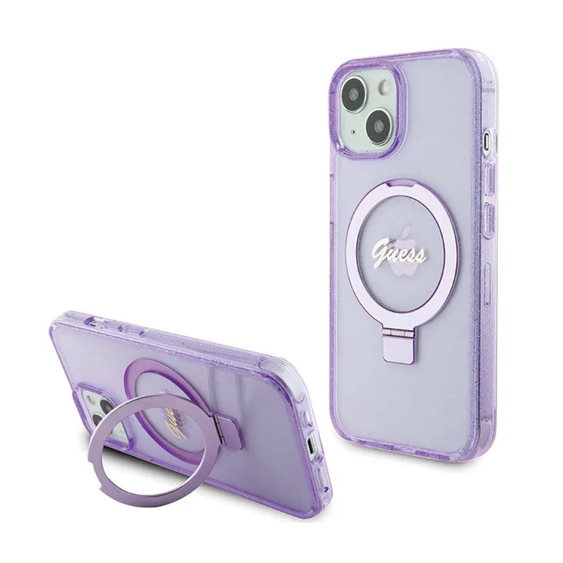 Guess MagSafe dėklas iPhone 15 Plus su žiediniu stovu, blizgučiais ir užrašu (violetinis)