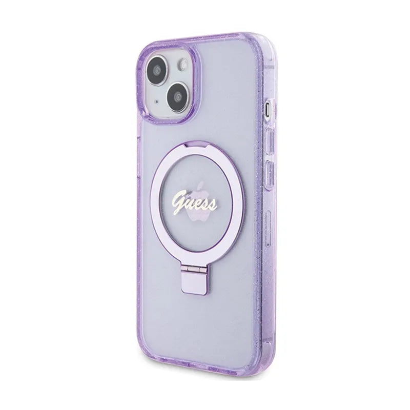 Guess MagSafe dėklas iPhone 15 Plus su žiediniu stovu, blizgučiais ir užrašu (violetinis)